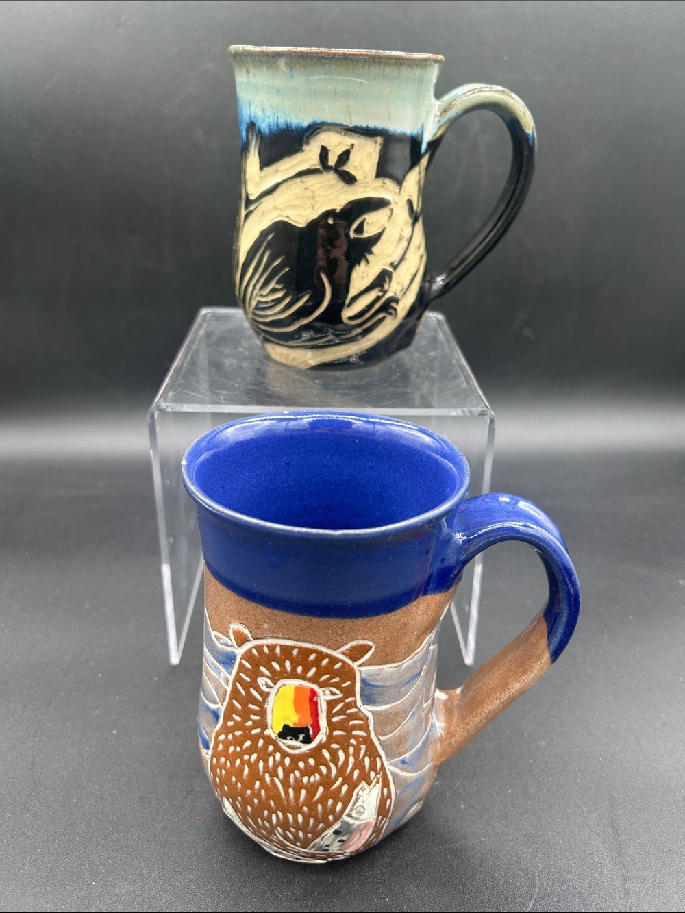 Artisan Raven and Brown Bear Design Ceramic Handmade Mugs